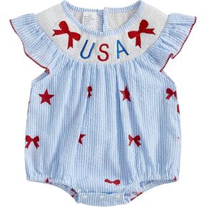 Eadrioss Baby Girl 4th of July Outfit Romper Embroidered USA Bow Sleeveless Romper Shirt Fourth Of July Clothes