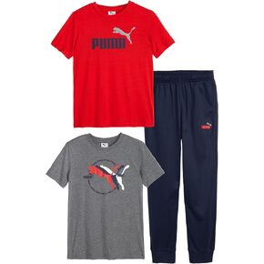 PUMA baby-boys 3 Piece Set, Short Sleeve Cotton Jersey T-shirts & Matching Tricot Pant