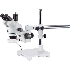 AmScope SM-3TY-54S Professional Trinocular Stereo Zoom Microscope, WH10x Eyepieces, 7X-90X Magnification, 0.7X-4.5X Zoom Objective, 54-Bulb LED Light, Single-Arm Boom Stand, 110V-240V, Includes 2.0X Barlow Lens
