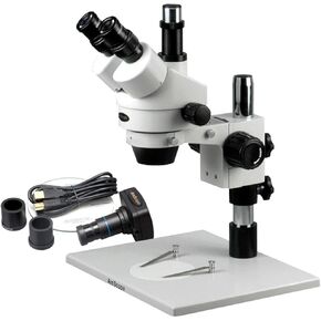 AmScope SM-1TZ-FRL-M Digital Professional Trinocular Stereo Zoom Microscope, WH10x Eyepieces, 3.5X-90X Magnification, 0.7X-4.5X Zoom Objective, 8W Fluorescent Ring Light, Large Pillar-Style Table Stand, 110V-120V, Includes 0.5X and 2.0X Barlow Lenses and 