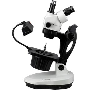 AmScope GM400TZ Trinocular Gemology Stereo Zoom Microscope, WH10x Eyepieces, 3.5X-90X Magnification, 0.7X-4.5X Zoom Objective, Halogen and Fluorescent Lighting, Inclined Pillar Stand, 110V-120V, Includes 0.5X and 2.0X Barlow Lenses