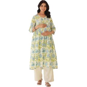 Janasya Indian Women's Maternity Kurta Kurti Women Pure Cotton A-Line Off White Floral Casual Calf Length Maternity Clothes