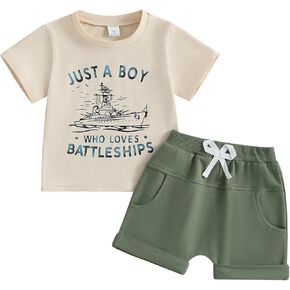 Toddler Baby Boy Clothes Summer Outfit Letter Print Short Sleeve T-Shirt Tops Solid Shorts Set 0-3T