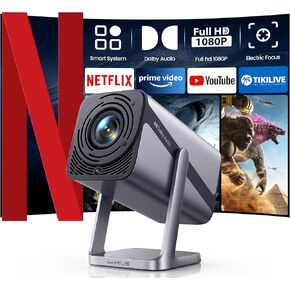 Netflix-Licensed丨20W Dolby Audio丨360°Adjustable Stand: Smart 4K Projector with WiFi 6 and 2-Way Bluetooth, Electric Focus & Auto Keystone, iWIMIUS 1080P Mini Portable Outdoor Proyector w/ HDMI ARC