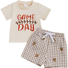 Toddler Baby Boy Football Outfit Football Embroidered Short Sleeve T-Shirt and Plaid/Stripe Shorts Set Summer Clothes