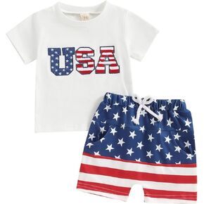 Douhoow Baby 4th of July Outfit American Flag Boys Girls T-shirt Shorts Short Sleeve Toddler Boy Summer Clothes