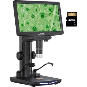 VEVOR 10.1" HDMI LCD Digital Microscope, 1300X Magnification with IPS Display, 8 LED and 2 Flexible Side Illuminations, Compatible with Windows/MacOS/TV via USB, 32GB Storage