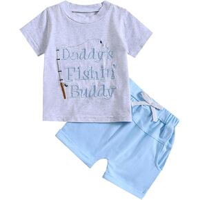 Toddler Baby Boy Summer Outfits Daddys Fishing Buddy Short Sleeve Shirt and Solid Color Shorts Set 2Pcs Clothes
