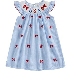 Toddler Baby Girl 4th of July Outfit Smocked Dress USA Strar Romper Striped Dresses Girls Fourth of July Clothes