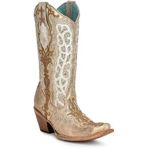 Corral Ladie's Gold/Bone Overlay & Embroidery & Studs & Crystals ، Snip Toe ، Leather Sole ، Western ، C3895
