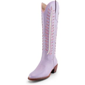 SIFINELAR Womens Cowboy Boots,Retro Leaf Embroidered Cowgirl Boots,Ladies Knee High Chunky Heel Round Toe Western Tall Boot.