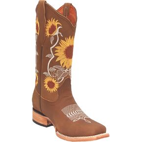Women’s Square Toe Leather Cowgirl Cowboy Boot Sunflower Floral Embroidered Western Boots