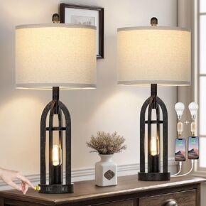 27" Table Lamp for Living Room Set of 2 - Bedside Lamp for Bedroom with USB C+A & Outlet, Farmhouse Lamps for Night Stands, 3-Way Dimmable Touch Lamps for Living Room with 2 Light Sources