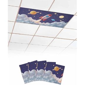 Cartoon 3 Pcs Fluorescent Light Covers, Cute Rocket Stars Space Magnetic Light Filters Shade Panel for Ceiling Lights Classroom Office Home Ceiling Decoration, 4 x 2 Ft