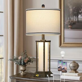 27in Tall Farmhouse Table Lamp Set of 2 with USB C+A & Outlet,Black Industrial End Table Lamp for Living Room,Vintage Rustic Bedside Lamps with Night Light for Bedroom Nightstand,Black