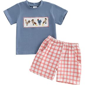 Toddler Baby Boy Summer Smocked Outfits Short Sleeve Chicken Embroidery T-shirt Plaid Shorts 2Pcs Infant Farm Clothes