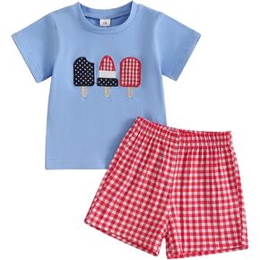 4th Of July Baby Boy Outfit Toddler Tractor American Flag Short Sleeve T Shirt Plaid Shorts Baby Summer Clothes