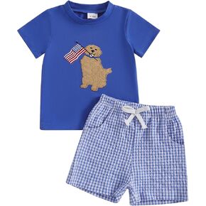 Toddler Baby Boy 4th of July Outfit Embroidery Short Sleeve T-Shirt Plaid Shorts Set 2Pcs Independence Day Clothes