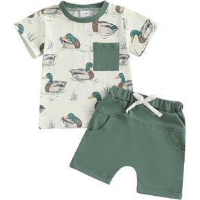 Toddler Baby Boy Duck Outfit Short Sleeve T-shirts Elastic Waist Shorts Farm Clothes 2 Piece Summer Set