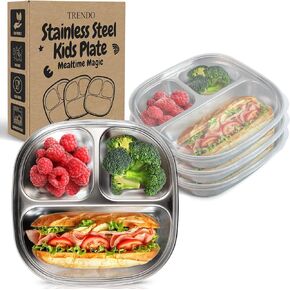 Stainless Steel Kids Plates with Lids - Durable Pack of 3 Metal Kids Plates - Easy to Clean, Non Toxic Stainless Steel Toddler Plate for Mealtime - Portion Control Toddlers Snack Dishes - Silver