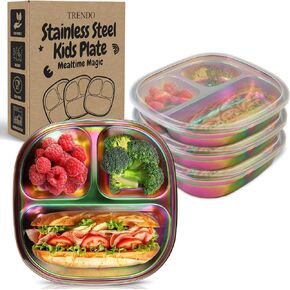 Stainless Steel Kids Plates with Lids - Durable Pack of 3 Metal Kids Plates - Easy to Clean, Non Toxic Stainless Steel Toddler Plate for Mealtime - Portion Control Toddlers Snack Dishes - Silver in Saudi Arabia