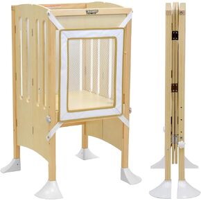 Little Partners Grow 'N Stow Folding Learning Tower, Adjustable Montessori Kitchen Counter Toddler Platform for Cooking, 35" H x 23.25" W x 23" D, Ages 18 mos. to 6 yrs. (Natural)