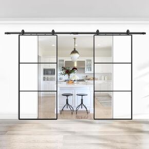 JUBEST Double Barn Door 60 x 80 in with 10FT Hardware Kit, 2 Sets of 30x80 in Clear Tempered Glass Aluminum Frame Door, Easy Assembly，Black Top-Mounted Hardware