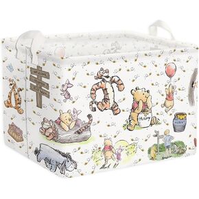 Room Decor, Pooh Storage Nursery Basket With Hard Bottom Large Square Canvas Cotton Laundry Hamper Bin with Waterproof PE Coating Storage Foldable Bathroom and Bedroom Stuff Clothes