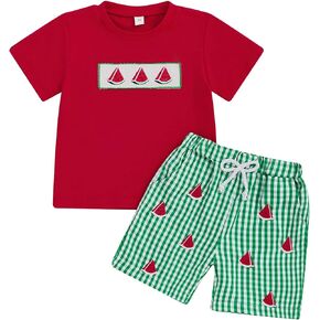 Toddler Boy Summer Outfits Short Sleeve Watermelon Embroidery T-shirt Plaid Print Pull On Shorts Sets