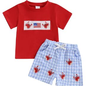 Toddler Boy 4th of July Outfit American Flag Infant Baby Fourth of July Shirt Plaid Shorts Memorial Clothes Set