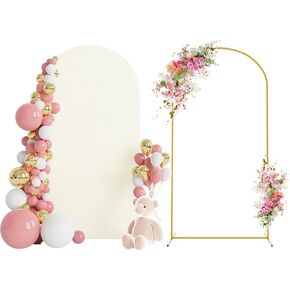 Wokceer Wedding Arch Cover & Stand Bundle - Ivory, Gold - 6.6ft x 3.3ft - Wedding, Birthday, Bridal Shower, Graduation