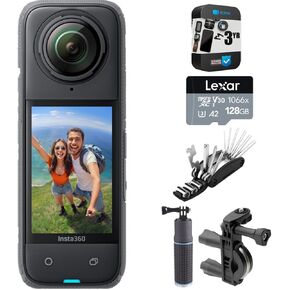 Insta360 X4 360 Camera 284752: Tiny 2.7K, Hands-Free POV, Waterproof Bundle with 3 YR CPS Enhanced Protection Pack, 128GB Card, Bike Handlebar Mount, Power Grip and 16-in-1 Bike Repair Tool Kit