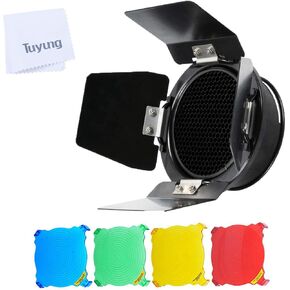 Godox BD-03 Barn Door with Honeycomb Grid and 4 Color Filter Kits Universal Mount for Godox K-150A K-180A 250SDI 300SDI or GODOX 160w, 200w, 250w and Other Small Studio Flash
