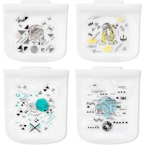 Pyrex Platinum Silicone Food Grade Bage Redable Bag ، حزمة 4 عبوات كبيرة وصغيرة | ميكي ماوس | الصديق للبيئة | طبخ أو تخزين أو فيديو أو تجميد | غسالة الصحون والفريزر والميكروويف آمنة
