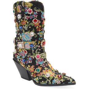 Locerich Women Rhinestone Cowboy Sparkly Cowgirl Boots Diamond Western Floral Ambroidery Mid Boofies