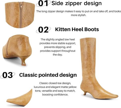 Kitten Heel Knee High Boots for Women Pointed Toe Zipper Low Heel Casual Fashion Boots in Saudi Arabia