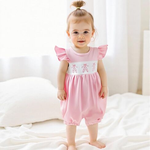 MoZiKQin Baby Girl Summer Romper Boutique Bow Embroidery Ruffle Sleeve Jumpsuit Cute Clothes for Newborn Toddler in Kuwait
