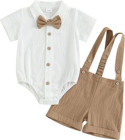 Honganda Baby Boys Gentleman Outfits Bow Tie Short Sleeve Button Up Romper + Overall Shorts Infant Wedding Cake Smash Clothes in Saudi Arabia