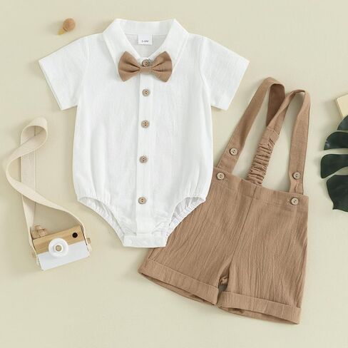 Honganda Baby Boys Gentleman Outfits Bow Tie Short Sleeve Button Up Romper + Overall Shorts Infant Wedding Cake Smash Clothes in Saudi Arabia