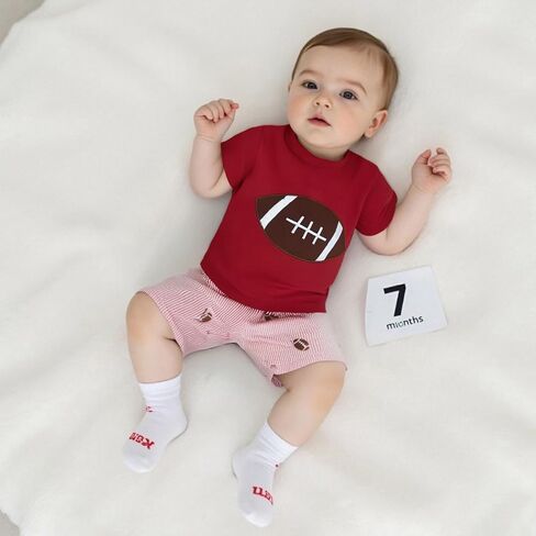 Toddler Baby Boy Football Outfit Football Embroidered Short Sleeve T-Shirt and Plaid/Stripe Shorts Set Summer Clothes in Saudi Arabia