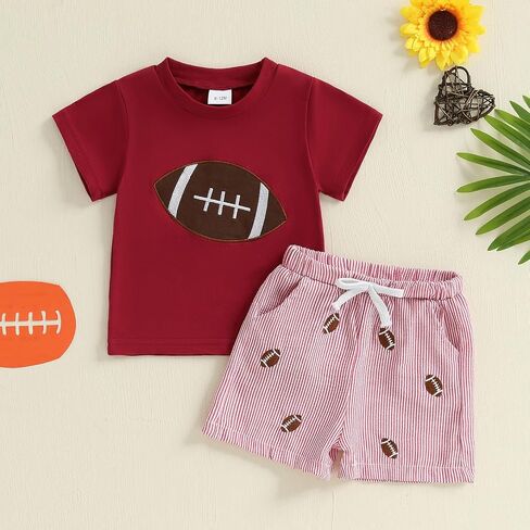 Toddler Baby Boy Football Outfit Football Embroidered Short Sleeve T-Shirt and Plaid/Stripe Shorts Set Summer Clothes in Saudi Arabia