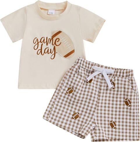 Toddler Baby Boy Football Outfit Football Embroidered Short Sleeve T-Shirt and Plaid/Stripe Shorts Set Summer Clothes in Saudi Arabia