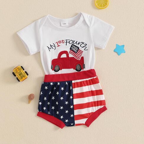 Newborn Baby Boy 4th of July Outfit Short Sleeve Romper Stars Stripes Shorts Independence Day Clothes in Saudi Arabia