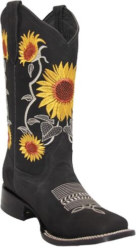 Women’s Square Toe Leather Cowgirl Cowboy Boot Sunflower Floral Embroidered Western Boots in Saudi Arabia