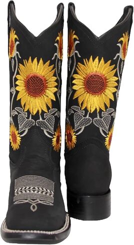 Women’s Square Toe Leather Cowgirl Cowboy Boot Sunflower Floral Embroidered Western Boots in Saudi Arabia