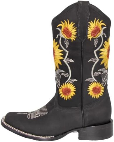 Women’s Square Toe Leather Cowgirl Cowboy Boot Sunflower Floral Embroidered Western Boots in Saudi Arabia