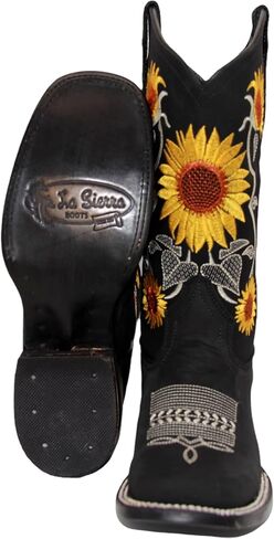 Women’s Square Toe Leather Cowgirl Cowboy Boot Sunflower Floral Embroidered Western Boots in Saudi Arabia