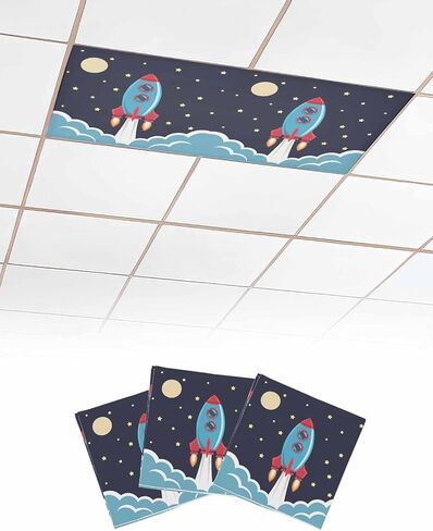 Fluorescent Light Covers, Cartoon Rocket Light Covers for Ceiling Lights Classroom/Office, Chic Cute Funny Stars Moon Sky Clouds Ceiling Lightcover Magnetic Filtering Shades 3Pcs in Saudi Arabia