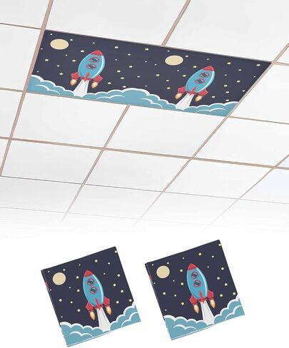 Fluorescent Light Covers, Cartoon Rocket Light Covers for Ceiling Lights Classroom/Office, Chic Cute Funny Stars Moon Sky Clouds Ceiling Lightcover Magnetic Filtering Shades 3Pcs in Saudi Arabia