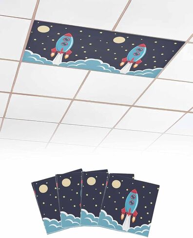 Fluorescent Light Covers, Cartoon Rocket Light Covers for Ceiling Lights Classroom/Office, Chic Cute Funny Stars Moon Sky Clouds Ceiling Lightcover Magnetic Filtering Shades 3Pcs in Saudi Arabia